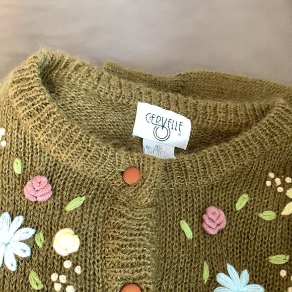 Vintage Cervelle Embroidered Wool Blend Button Up Cardigan Cottagecore Olive XL - Picture 12 of 13